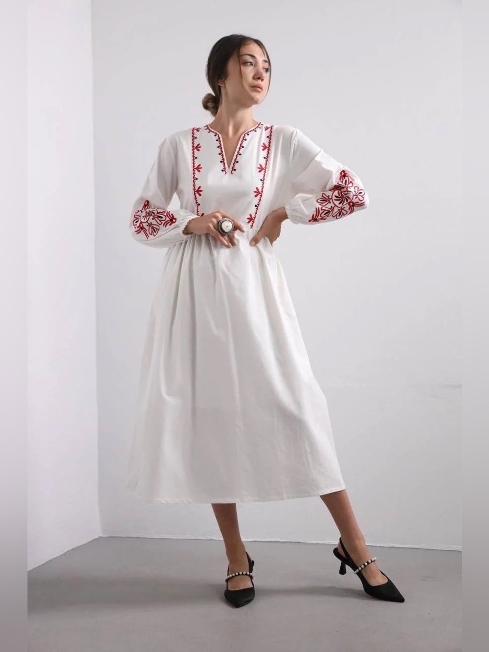by ESQ Vyshyvanka Goya Concept Peasant embroidered midi dress Medium Red White